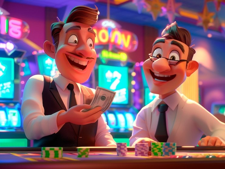 Casino-style entertainment dashboard with neon game cards for adults